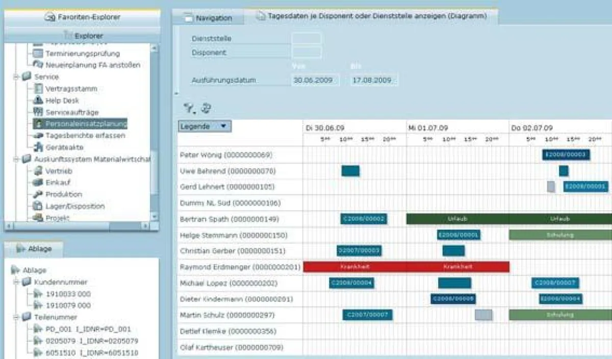Mit dem oxaion-Personalleitstand lassen sich die Verfügbarkeiten von Mitarbeitern, Geräten und Betriebsmitteln übersichtlich visualisieren und für anstehende Aufgaben einplanen.