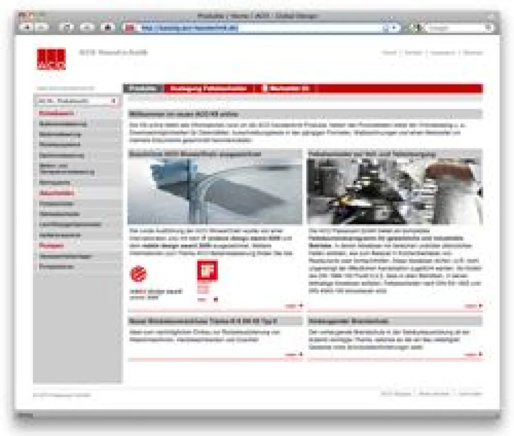 Die Startseite der Online-Version des ACO Haustechnik Planer-Kataloges K9: Die Vielfältigen Navigier-, Such- und Downloadfunktionen machen die Website zu einem unentbehrlichen Planer-Werkzeug