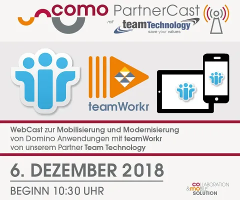 CoMo Solution Webcast mit Team Technology „Modernisierung von IBM Domino Anwendungen“ am 6. Dezember 2018 Bild: CoMo Solution Webcast mit Team Technology „Modernisierung von IBM Domino Anwendungen“ am 6. Dezember 2018