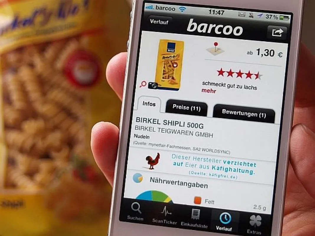 Die kostenlose Smartphone-App barcoo erkennt, ob Lebensmittel Käfigeier enthalten.