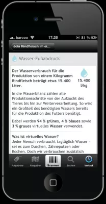 Bild: Weltwassertag: Die App barcoo zeigt den Wasser-Fußabdruck für Fleisch und andere Lebensmittel