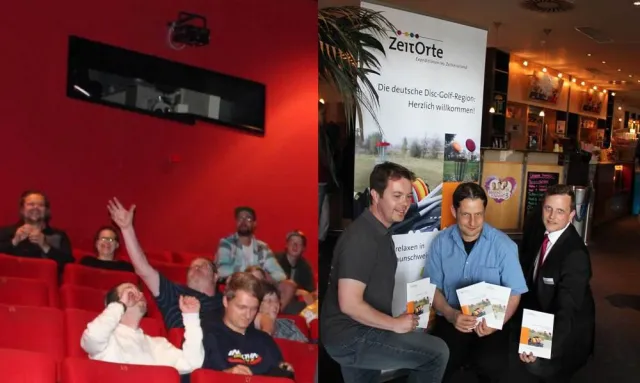 Bild: Disc-Golf Broschüre der ZeitOrte von Weltmeister und Filmcrew vorgestellt