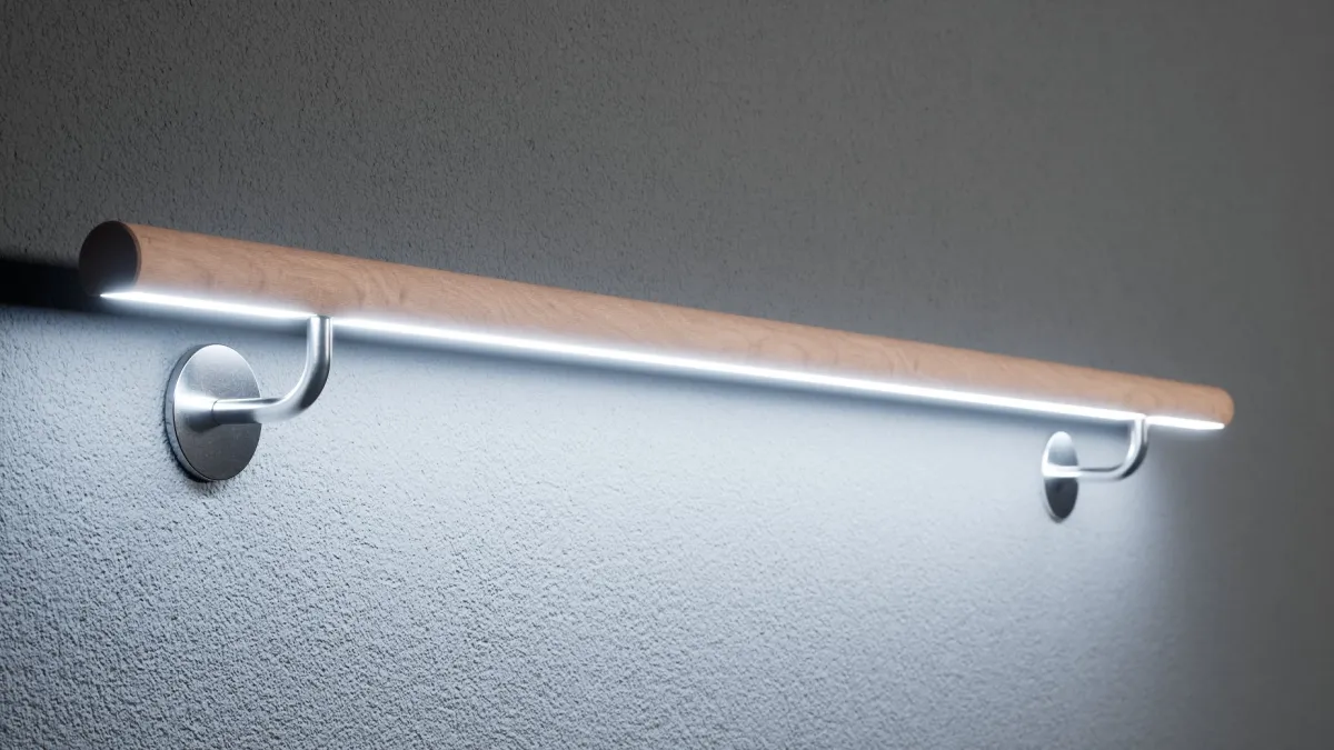 Holzhandlauf mit LED-Beleuchtung dank dem neuen und variablen LUX GLENDER Alu-Wood-Profil (© LUX GLENDER)