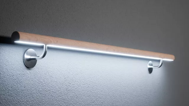 Holzhandlauf mit LED-Beleuchtung für private Häuser, Büros, Praxen, Kitas, Seniorenheime und mehr Bild: Holzhandlauf mit LED-Beleuchtung für private Häuser, Büros, Praxen, Kitas, Seniorenheime und mehr
