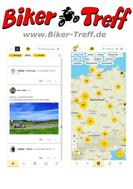 Die neue Biker-Treff WebApp mit Home-Feed und Biker-Treff Suchmaschine  (© Biker-Treff.de)