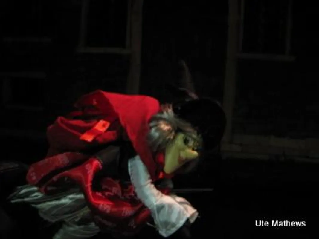 Befana fliegt auf ihrem  Besen durch Venedig