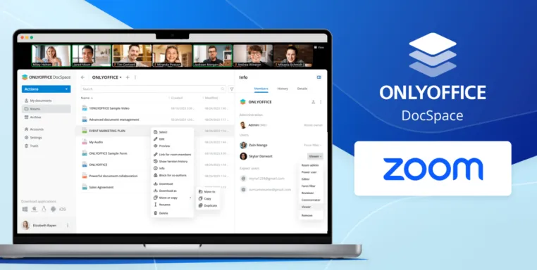 Gemeinsam Dokumente direkt in Zoom bearbeiten: ONLYOFFICE veröffentlicht offizielle App für DocSpace Bild: Gemeinsam Dokumente direkt in Zoom bearbeiten: ONLYOFFICE veröffentlicht offizielle App für DocSpace