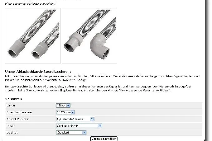 Der erste Ablauschlauchbestellassistent von White Parts Patzschke LTd. Bild: Der erste Ablauschlauchbestellassistent von White Parts Patzschke LTd.