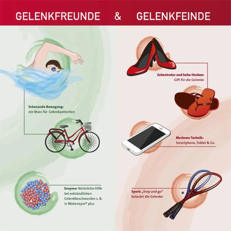 Die Grafik „Gelenkfreunde & Gelenkfeinde“ zeigt, was den Gelenken nutzt und was ihnen schadet.