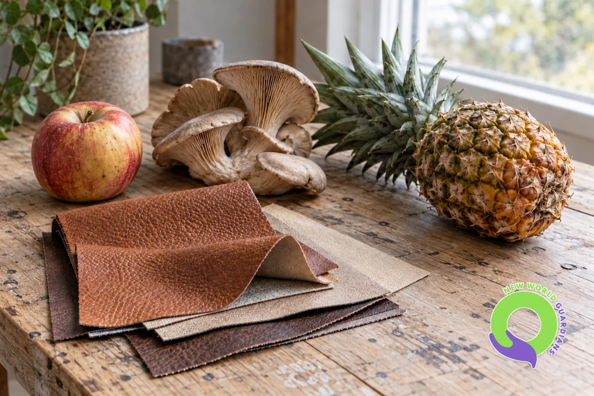 Apfel, Ananas und Pilze als Ausgangsstoffe veganer Lederalternativen. KI-Symbolbild. (© NEW WORLD GUARDIANS / KI-generiertes Symbolbild; Logo: NEW WORLD GUARDIANS)