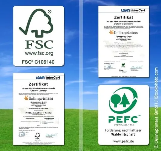 Bild: Onlineprinters GmbH mit Umweltsiegeln FSC und PEFC zertifiziert
