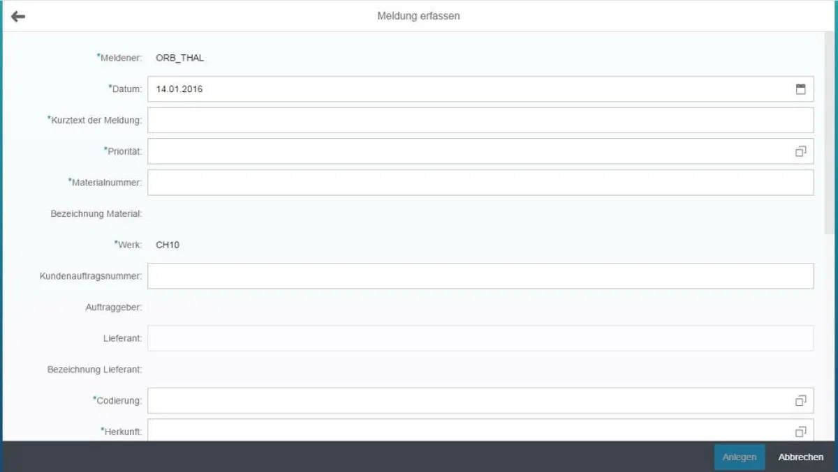 Formular für die Anlage von Qualitätsmeldungen mit SAP Fiori (Quelle: ORBIS AG)