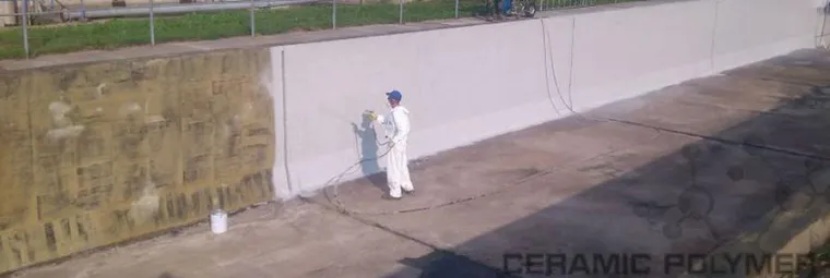 Bild: Sanierung von Betonwänden eines Kläranlagen-Pufferbeckens mit Ceramic Polymer Betonschutzsystemen