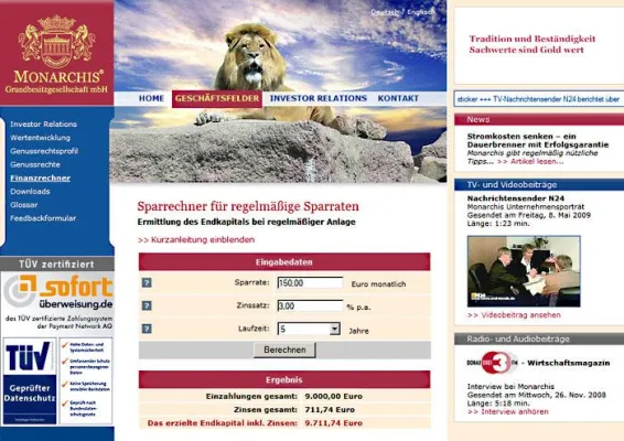 Bild: Monarchis-Sparrechner im Internet - Einfach das Endkapital bei monatlicher Anlage ermitteln