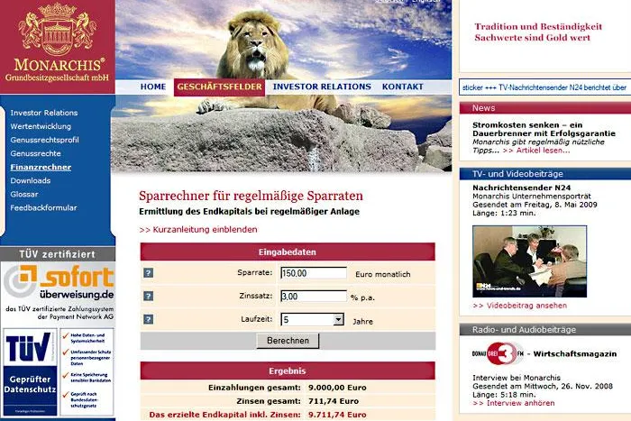Bild: Monarchis-Sparrechner im Internet - Einfach das Endkapital bei monatlicher Anlage ermitteln