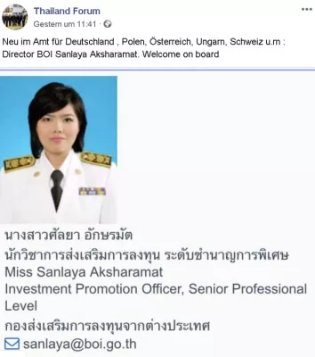 Thailand entsendet mit Sanlaya Aksharamat neue Direktorin der Wirtschaftsförderung BOI Bild: Thailand entsendet mit Sanlaya Aksharamat neue Direktorin der Wirtschaftsförderung BOI