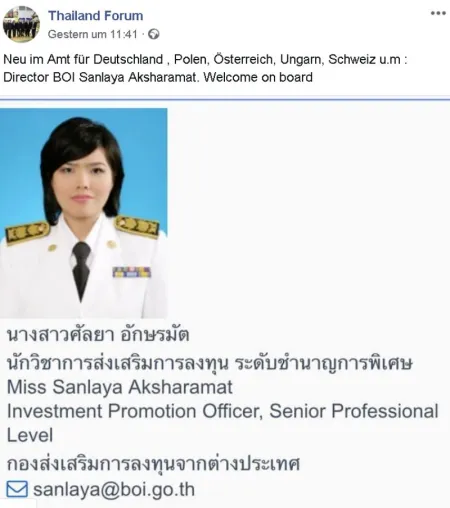 Thailand entsendet mit Sanlaya Aksharamat neue Direktorin der Wirtschaftsförderung BOI Bild: Thailand entsendet mit Sanlaya Aksharamat neue Direktorin der Wirtschaftsförderung BOI