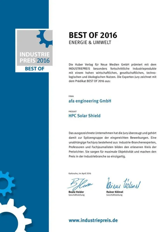 Industriepreis 2016 Zertifikat für HPC Solar Shield