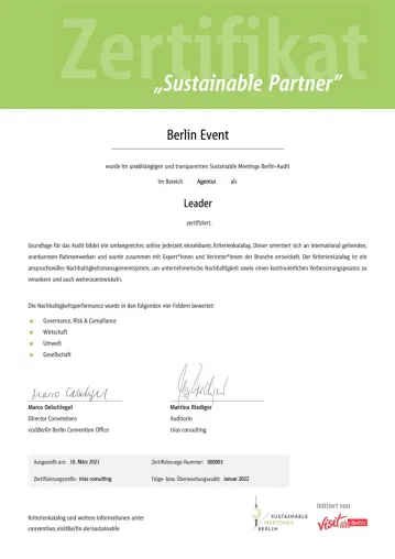Berlin Event ist Leader bei Sustainable Meetings Berlin! Bild: Berlin Event ist Leader bei Sustainable Meetings Berlin!