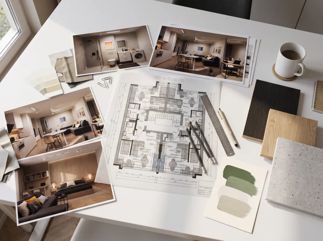 Interior-Design-Planung mit Grundriss, Materialmustern und Einrichtungsentwürfen (© NOVADIS / HeWoBa eG)