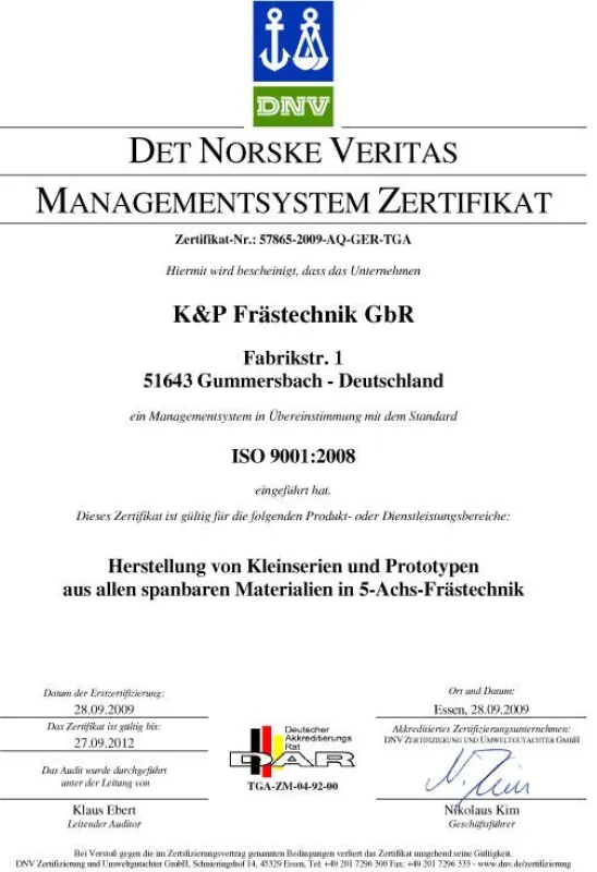Zertifikat K+P CNC Frästechnik