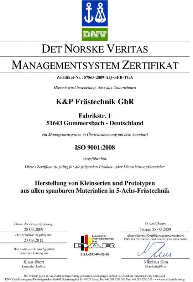 Zertifikat K+P CNC Frästechnik