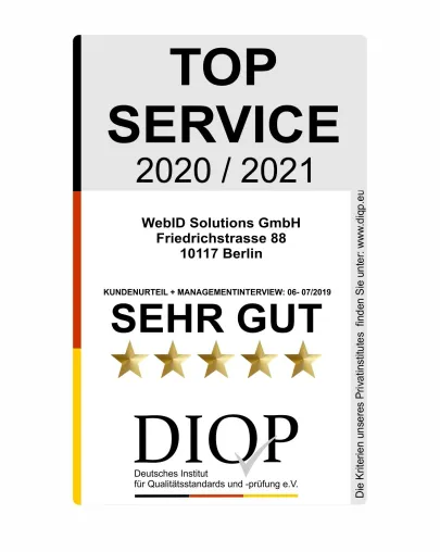 WebID Solutions GmbH mit dem Siegel Top Service (DIQP) ausgezeichnet Bild: WebID Solutions GmbH mit dem Siegel Top Service (DIQP) ausgezeichnet