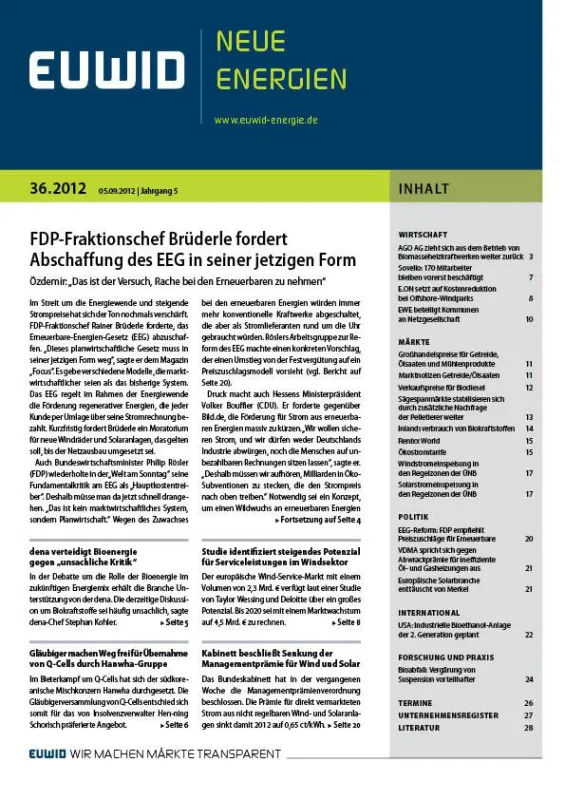 EUWID Neue Energien 37/2012 steht einmal mehr im Zeichen der EEG-Debatte