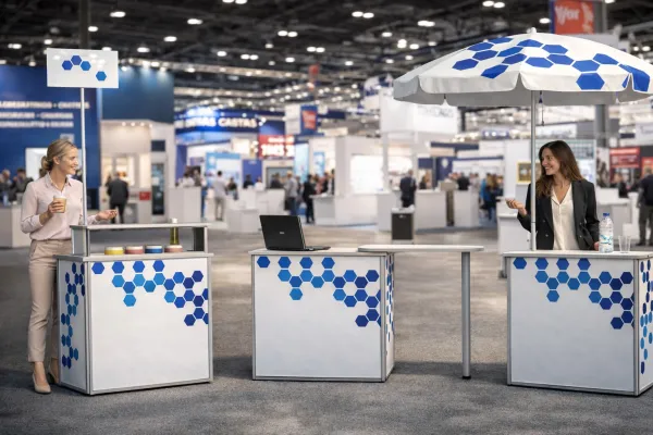 Bild: Mehr Kundenkontakt am Stand: Individuell bedruckte Messetheken steigern Leads, Aufträge und Umsatz