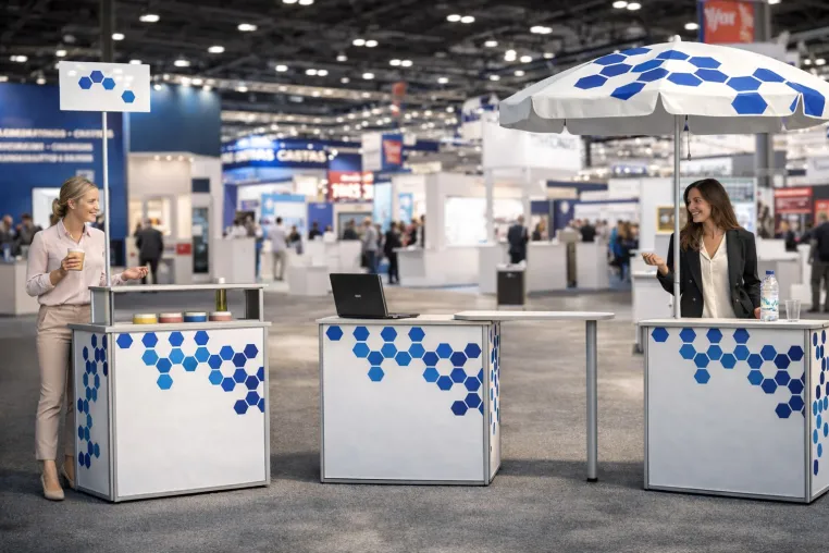 Mehr Kundenkontakt am Stand: Individuell bedruckte Messetheken steigern Leads, Aufträge und Umsatz Bild: Mehr Kundenkontakt am Stand: Individuell bedruckte Messetheken steigern Leads, Aufträge und Umsatz