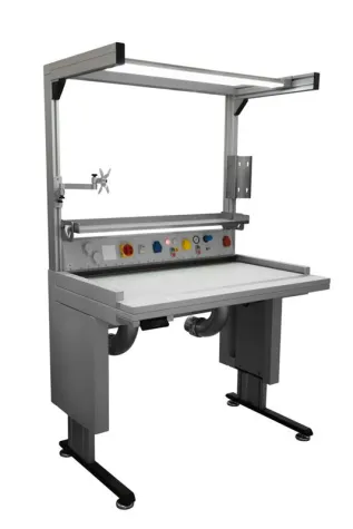 Bild: Weltweit erster Arbeitstisch mit integrierter Ionisierung und Absaugung – ohne ESD-Erdungskabel