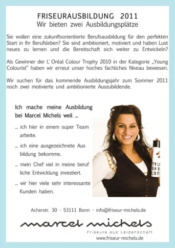 Friseur Marcel Michels in Bonn bietet noch zwei freie Ausbildungsplätze im Friseurhandwerk Bild: Friseur Marcel Michels in Bonn bietet noch zwei freie Ausbildungsplätze im Friseurhandwerk
