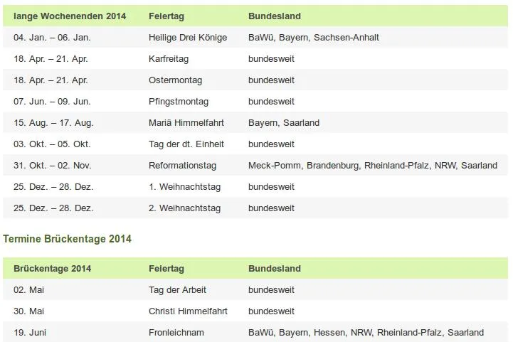 Bild: Brückentage 2014 – jede Menge lange Wochenenden