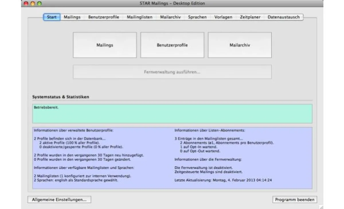 Benutzeroberfläche STAR Mailings (Versand von Newslettern und E-Mail-Kampagnen)