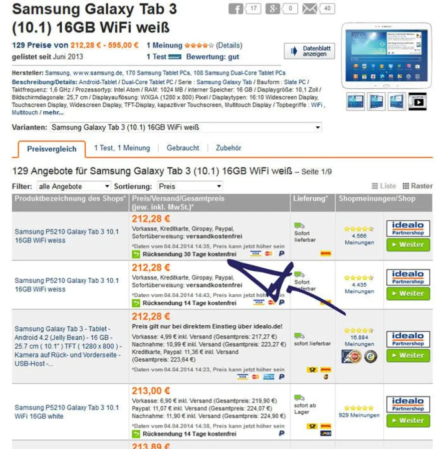 Screenshot idealo Anzeige Retourbedingungen