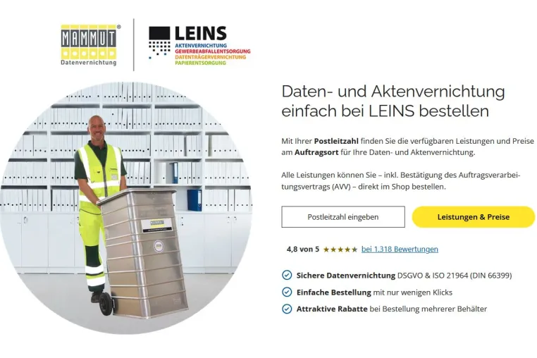 Bild: LEINS Aktenvernichtung integriert MAMMUT-Webshop für Akten- und Datenvernichtung