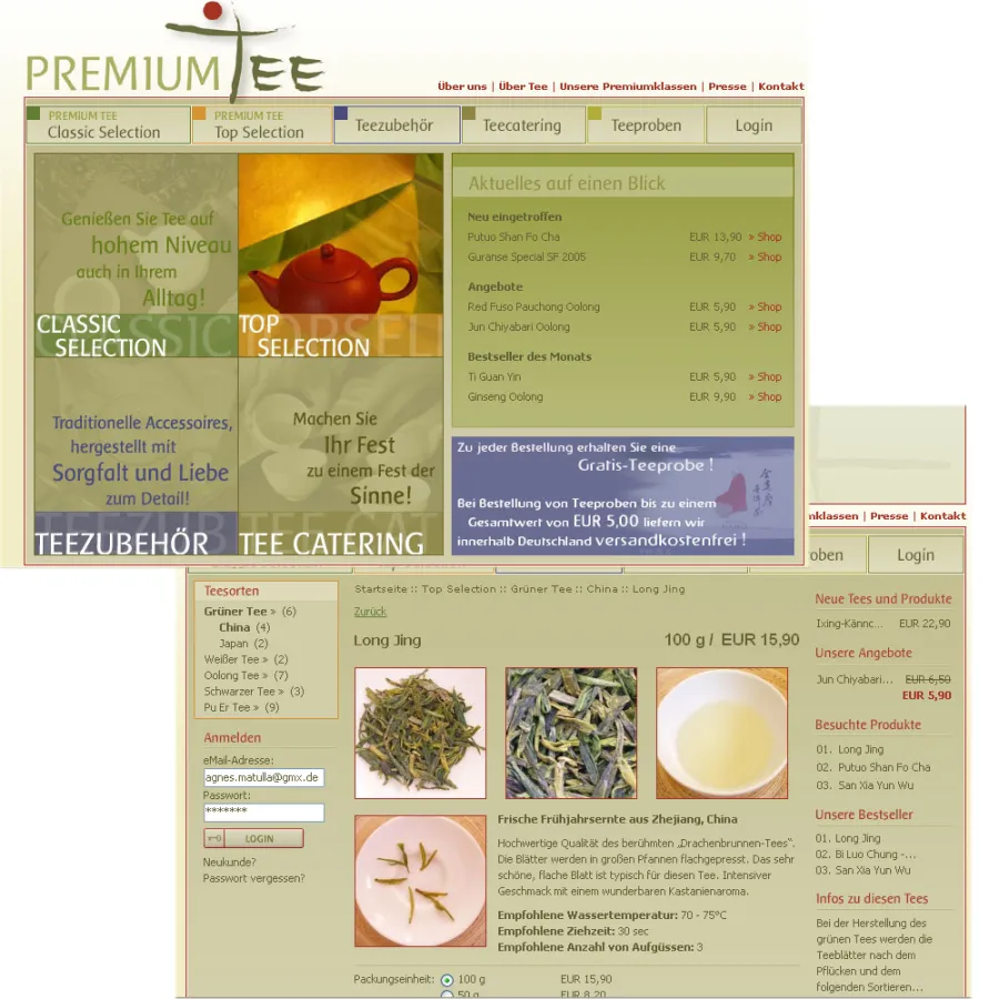 Website und Detailseite des Online-Shops des PREMIUM TEE Fachhandels