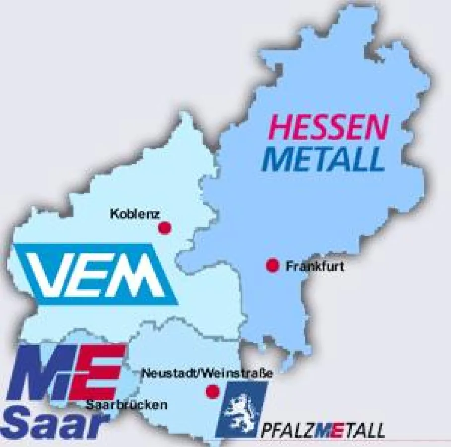 Vier Arbeitgeberverbände aus Rheinland-Rheinhessen (VEM), der Pfalz (Pfalzmetall), dem Saarland (ME Saar) und aus Hessen (HessenMetall) bilden M+E Mitte