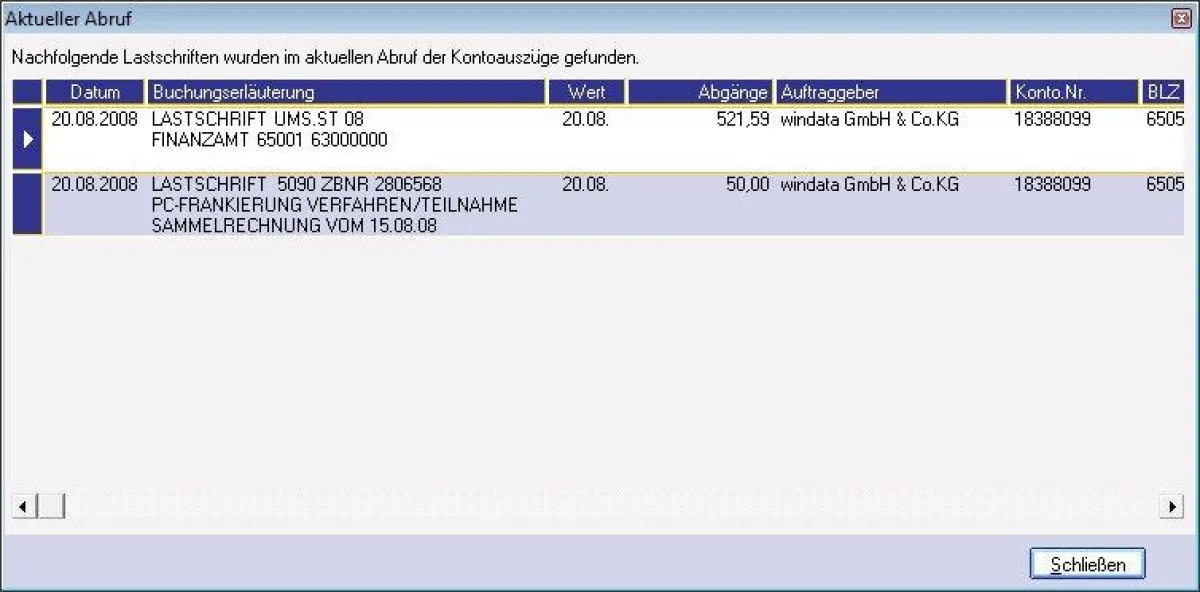 windata weist auf Abbuchungen (Lastschriften) hin