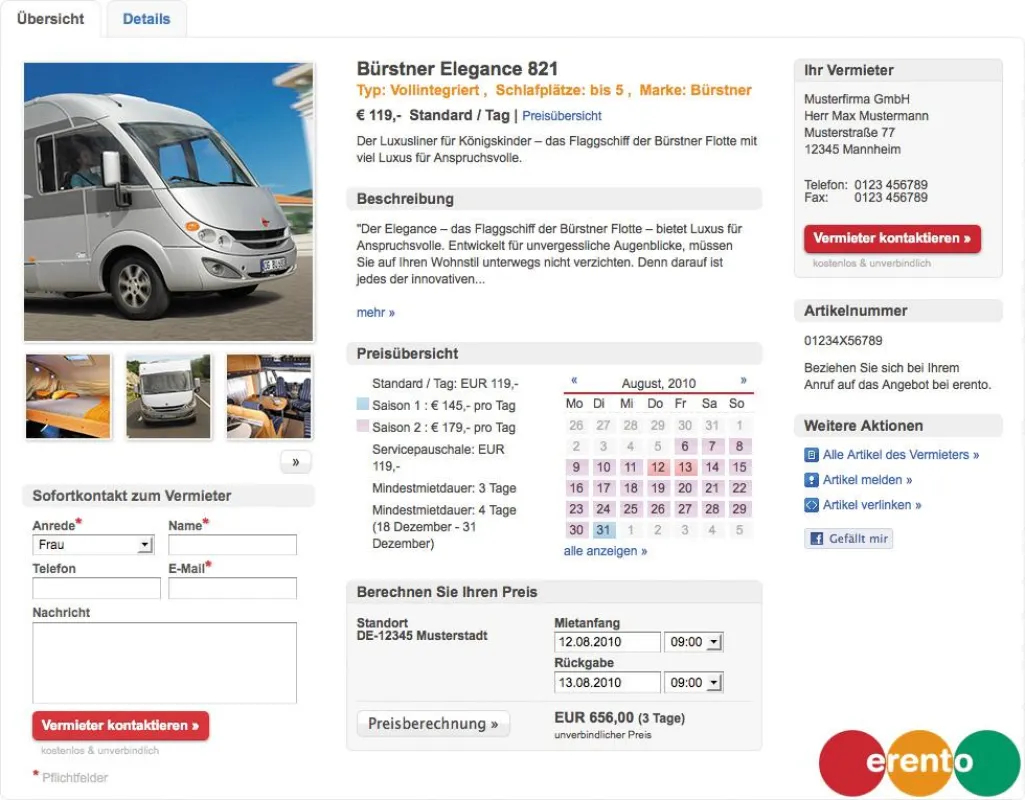 Screenshot erento: Kontakmodell Artikel Detailseite