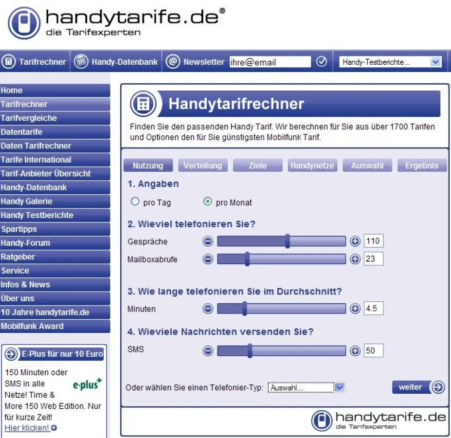 Der unabhängige Tarifrechner erfaßt das individuelle Telefonierverhalten und findet den günstigsten Handytarif