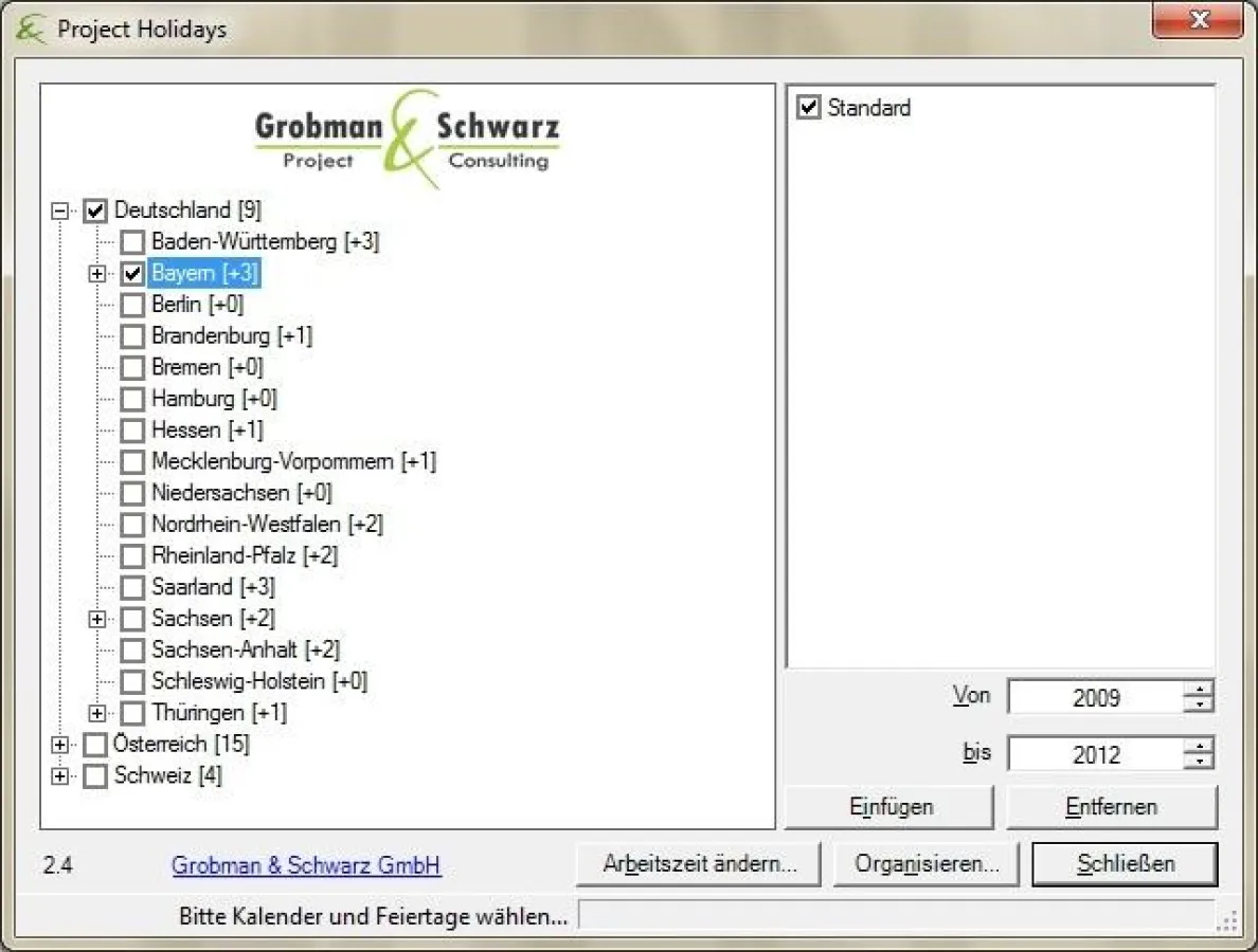 Feiertage für den MS Project Kalender