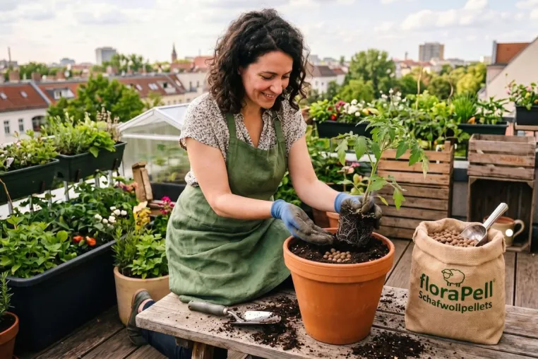 Urban Gardening mit floraPell Schafwollpellets Bild: Urban Gardening mit floraPell Schafwollpellets