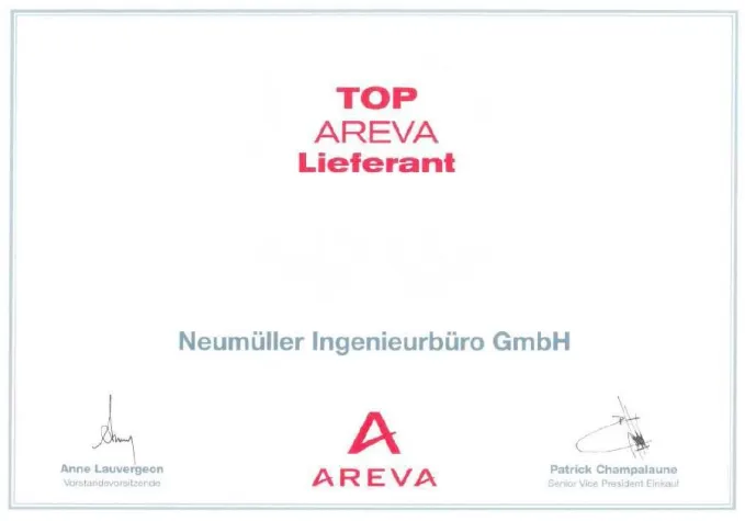 Bild: Neumüller erhält Auszeichnung - TOP AREVA Lieferant