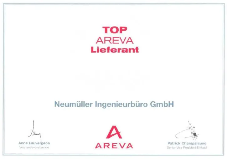 Neumüller erhält Auszeichnung - TOP AREVA Lieferant Bild: Neumüller erhält Auszeichnung - TOP AREVA Lieferant