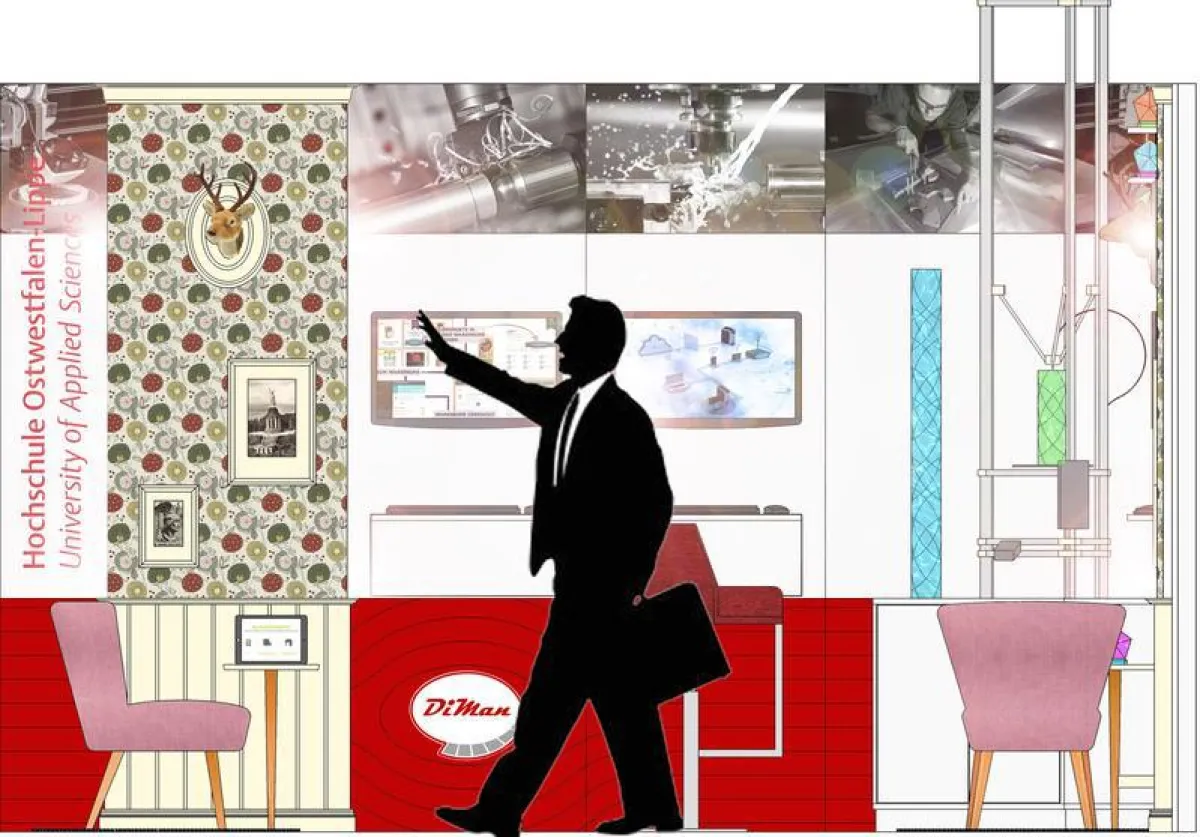 Der Messestand schlägt auch optisch den Bogen aus der Vergangenheit zur Zukunft der Produktion. (Bild: Hochschule OWL)