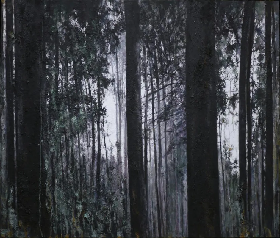 Jens Rausch, Alchemistischer Mischwald XXIV, 2019, Öl,Asche,Bitumen,Kupfer und-Eisenoxid, Leinwand