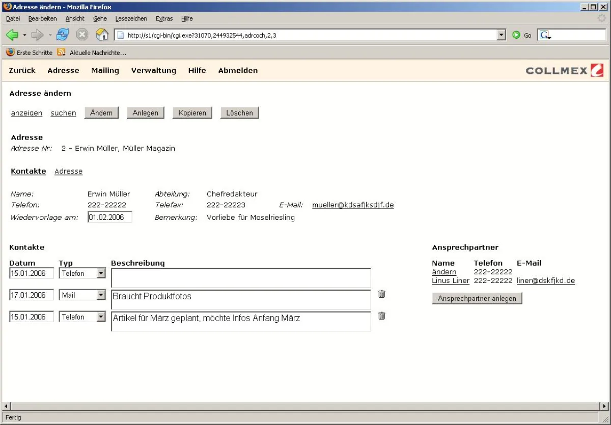 Screenshot der neuen CRM-Lösung Collmex address - Weitere Informationen unter http://www.collmex.de/adressverwaltung.html