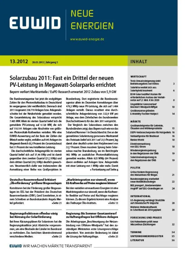 EUWID Neue Energien13/2012 ist am 28. März 2012 erschienen