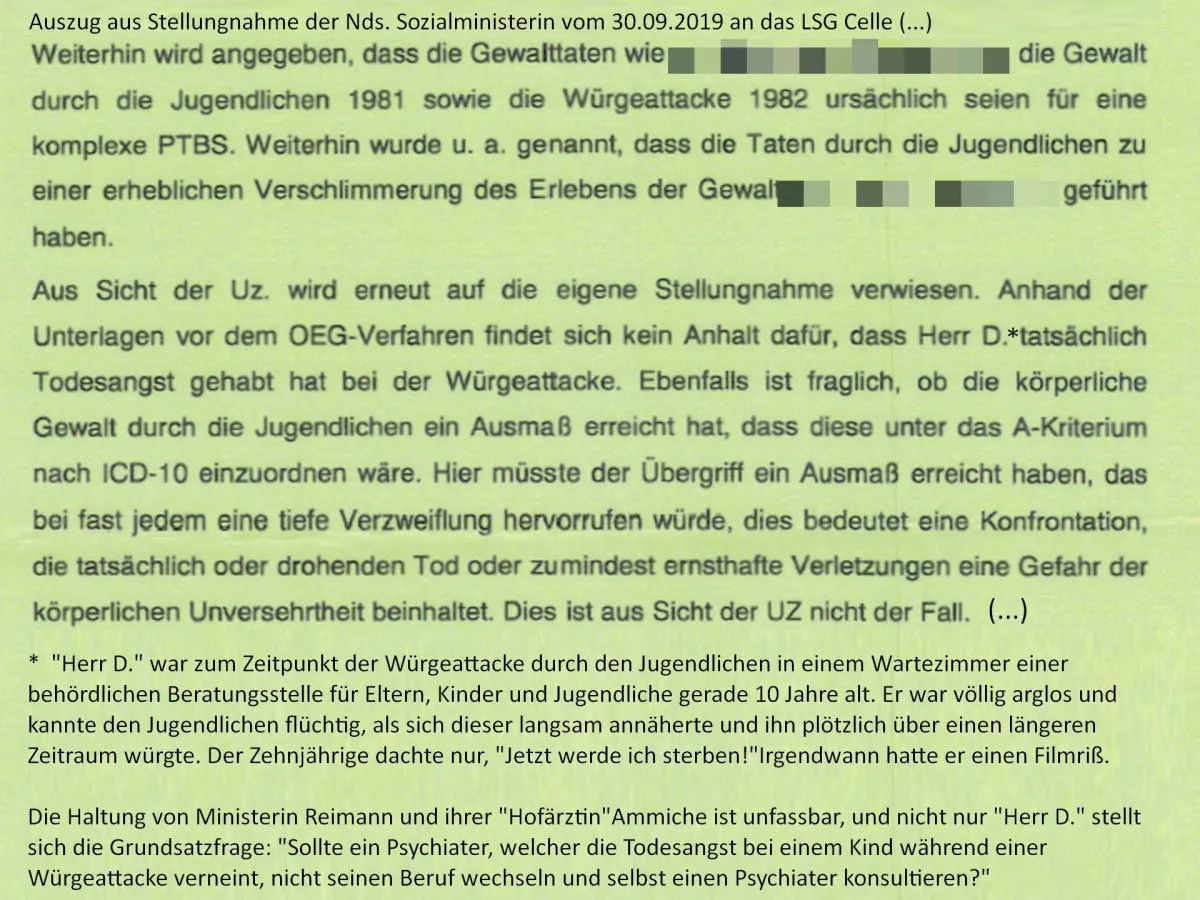 Auffassung Nds. Sozialministerin 30.09.2019: „Würgeattacken lösen bei Kindern keine Todesangst aus